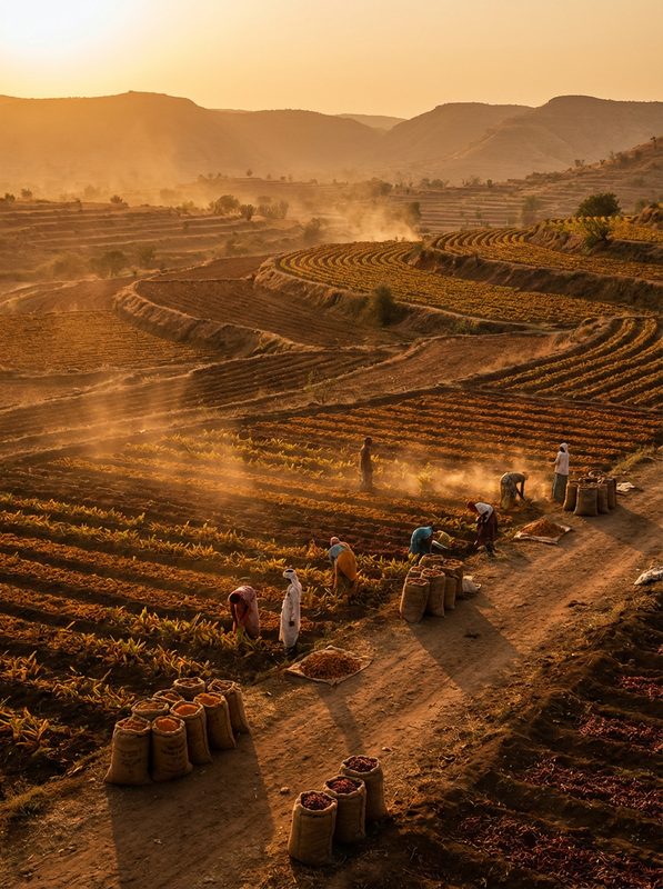[1920×800px | 72dpi | JPG] Professional editorial photography: a vast spice market or field scene, warm golden hour light, atmospheric with depth, documentary style, warm amber and brown tones, no text