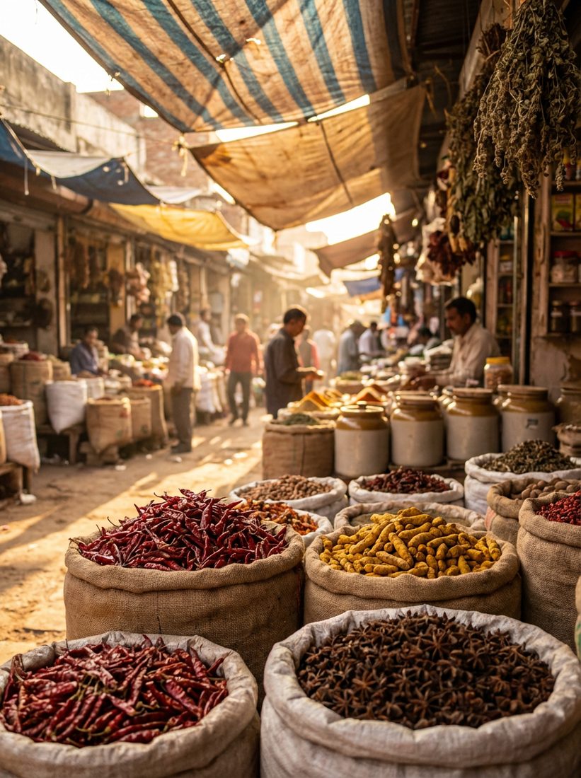 [900×1100px | 72dpi | JPG] Professional editorial photography: a weathered spice market in warm golden light, sacks of whole spices in foreground, depth of field pulling focus to color and texture, warm documentary style, no text
