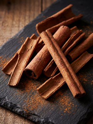 [400×400px | 72dpi | JPG] Macro food photography: Vietnamese cinnamon bark pieces showing rich reddish-brown color and visible wood grain texture, some rolled into quills, arranged on dark slate, warm dramatic lighting revealing texture and depth, editorial style, no text
