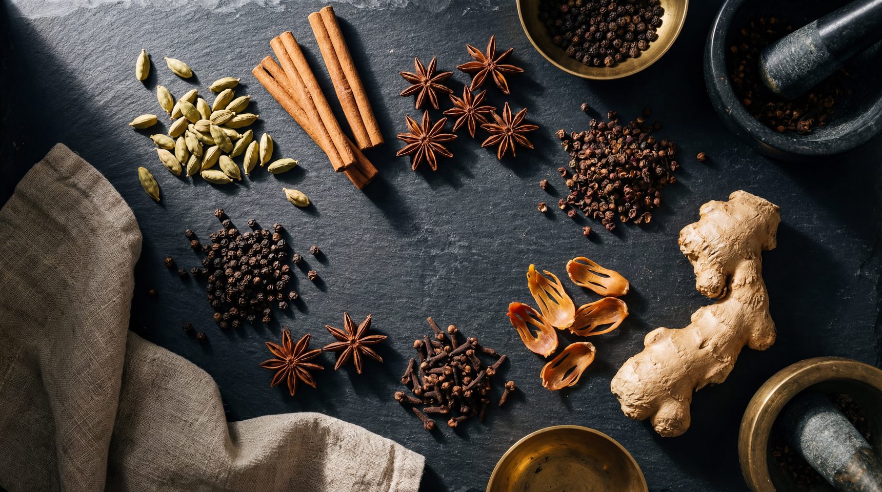 [1920×960px | 72dpi | JPG] Professional food photography overhead flat-lay of whole spices arranged on aged dark slate: cardamom pods, cinnamon sticks, star anise, peppercorns, cloves, mace, ginger root. Dramatic natural light from above. Editorial style.