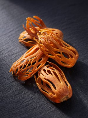[400×400px | 72dpi | JPG] Macro food photography: dried mace blades showing intricate lacy filigree texture in deep orange and amber tones, arranged on dark matte slate, dramatic raking side light highlighting the delicate lattice structure, editorial macro style, no text