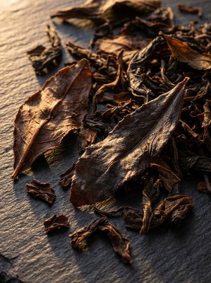 [400×400px | 72dpi | JPG] Macro food photography: premium loose leaf Assam black tea leaves close-up, large whole leaves and broken leaf in deep mahogany and dark brown, arranged on dark matte slate surface, dramatic raking side light showing leaf texture and vein detail, editorial macro style, no text